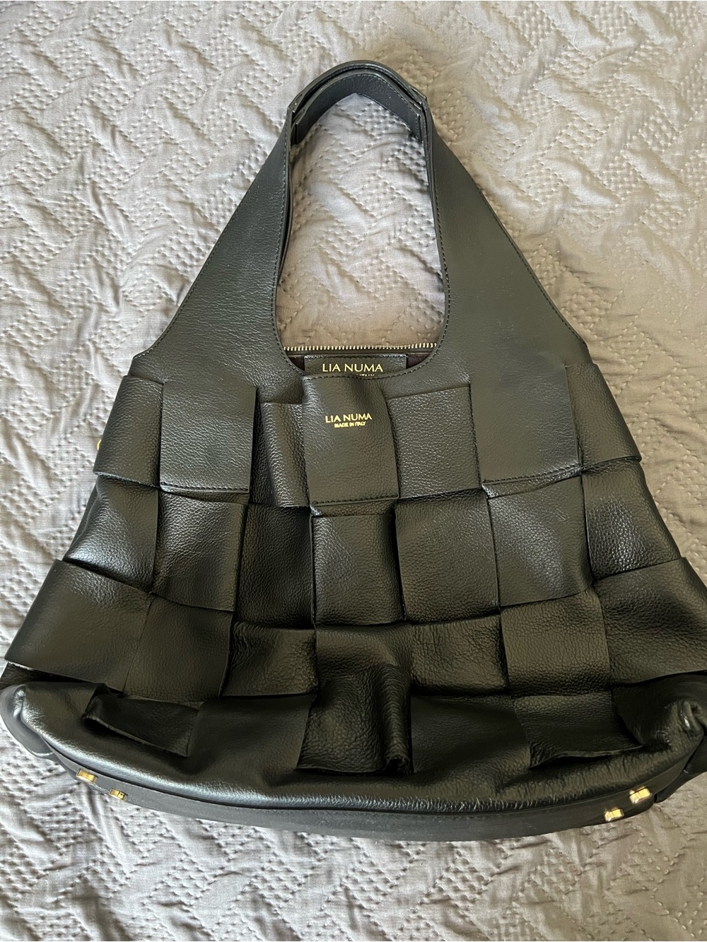 Lia Numa Black Woven Leather Shoulder Tote
